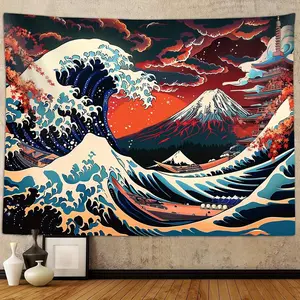 Sanzugh Cool Japanese Anime Tapestry Aesthetic, Black and Red The Great Wave Sun Mount Fuji Mountain Nature Art Tapestries Wall Hanging for Men men Bedroom Room Office Decor