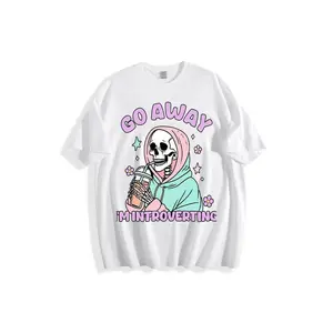 Cute Skeleton Introverting Graphic T-Shirt - Pastel Colorful Hoodie Skeleton with Drink Funny "Go Away I'm Introverting" Design, Casual Crew Neck Cotton Top for Women Men Teens, Whimsical Cartoon Star Flower Decor Tshirt