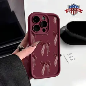 Romantic Burgundy Bow Phone Case, Comfortable Grip, Effectively Protects Your Phone from Drops and Collisions. for iPhone 16, 15, 14, 13, 12, 11, Plus, Pro, Max, Xsmax. Perfect Birthday Gift for Friends TPU Fully Wrapped Camera simpl Smartphone Cellphone