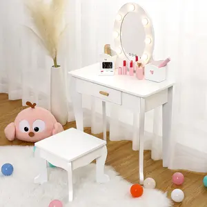 Kids Vanity Set, Pretend Play Girls Vanity Table and Chair Set with Lighted Mirror, Stool, and Wood Makeup Playset, White
