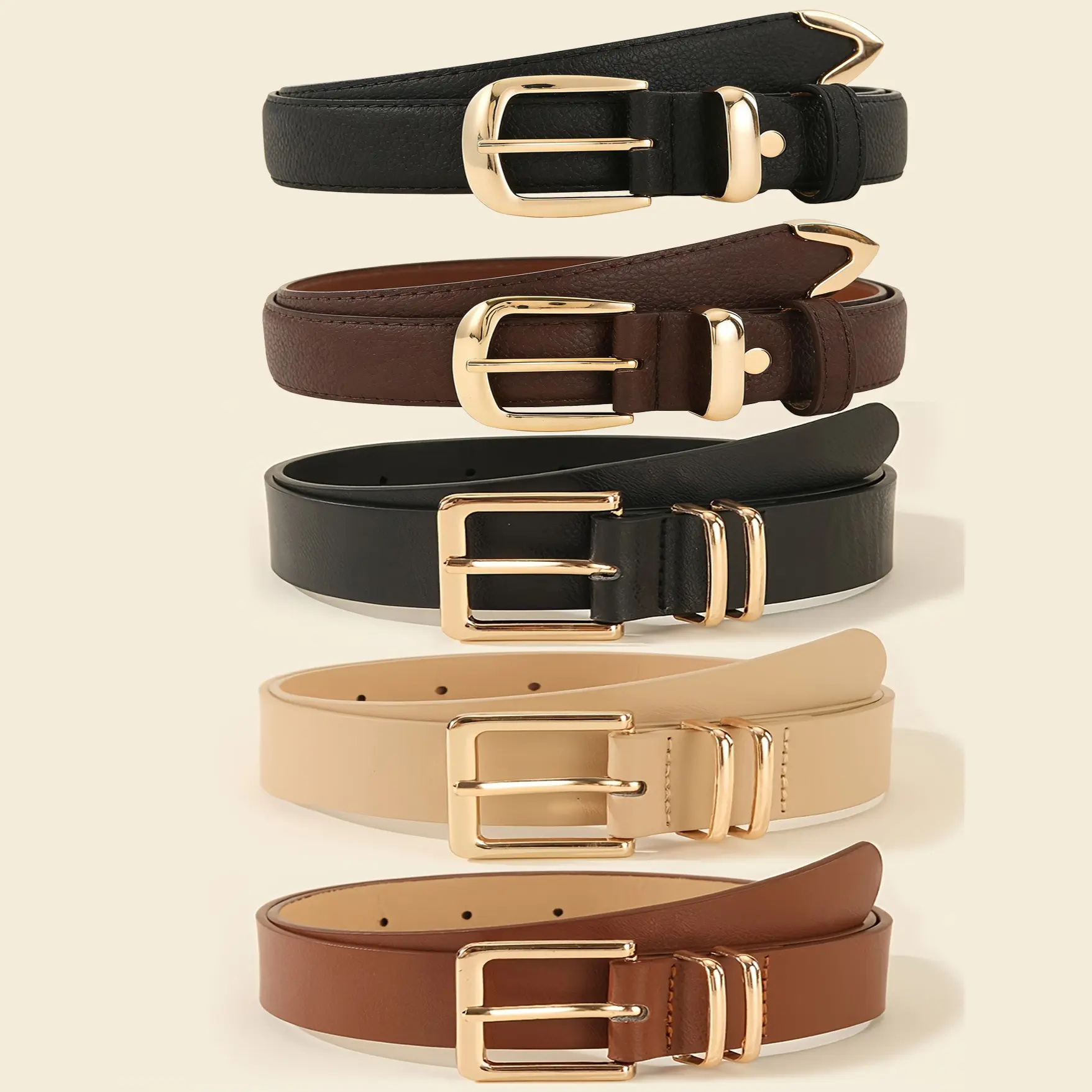 Women's 5-Pack Heavy Duty Adjust-Fit Belts, Lychee-Grain (Concave and Convex) Texture, Retro Pin Click Fashionable Buckle, Stylish Waistband, Solid Color, Casual Versatile Accessory, Suitable for Dresses & Long Pants, Ideal Gift, Belts for Women