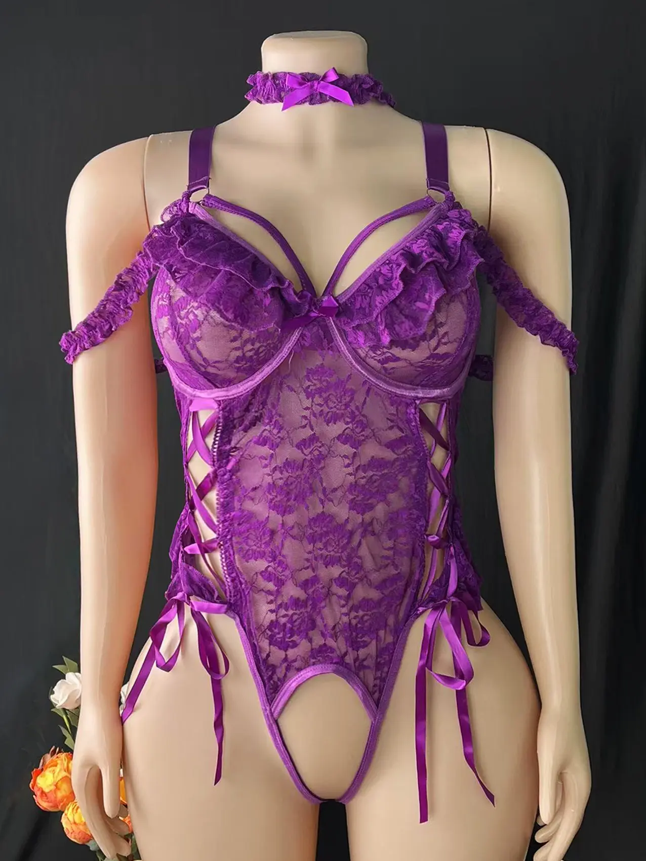 Romantic Purple Lacy Teddy Bodysuit Set with Ruffle Arm Cuffs, Choker, and an Adjustable Backless Lace-Up Design, Adjustable Backless Teddy Lingerie & Bodysuits, Women, Backless Cutout Teddy Lingerie & Bodysuits