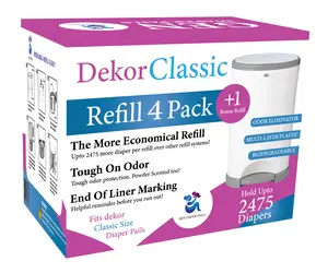 Dekor Classic Refill 4 Pack +1 Bonus Liners Compatible with DEKOR CLASSIC Diaper Pails Exclusive 30% Extra Thickness Odor Elimination Leak-proof Powder Scented