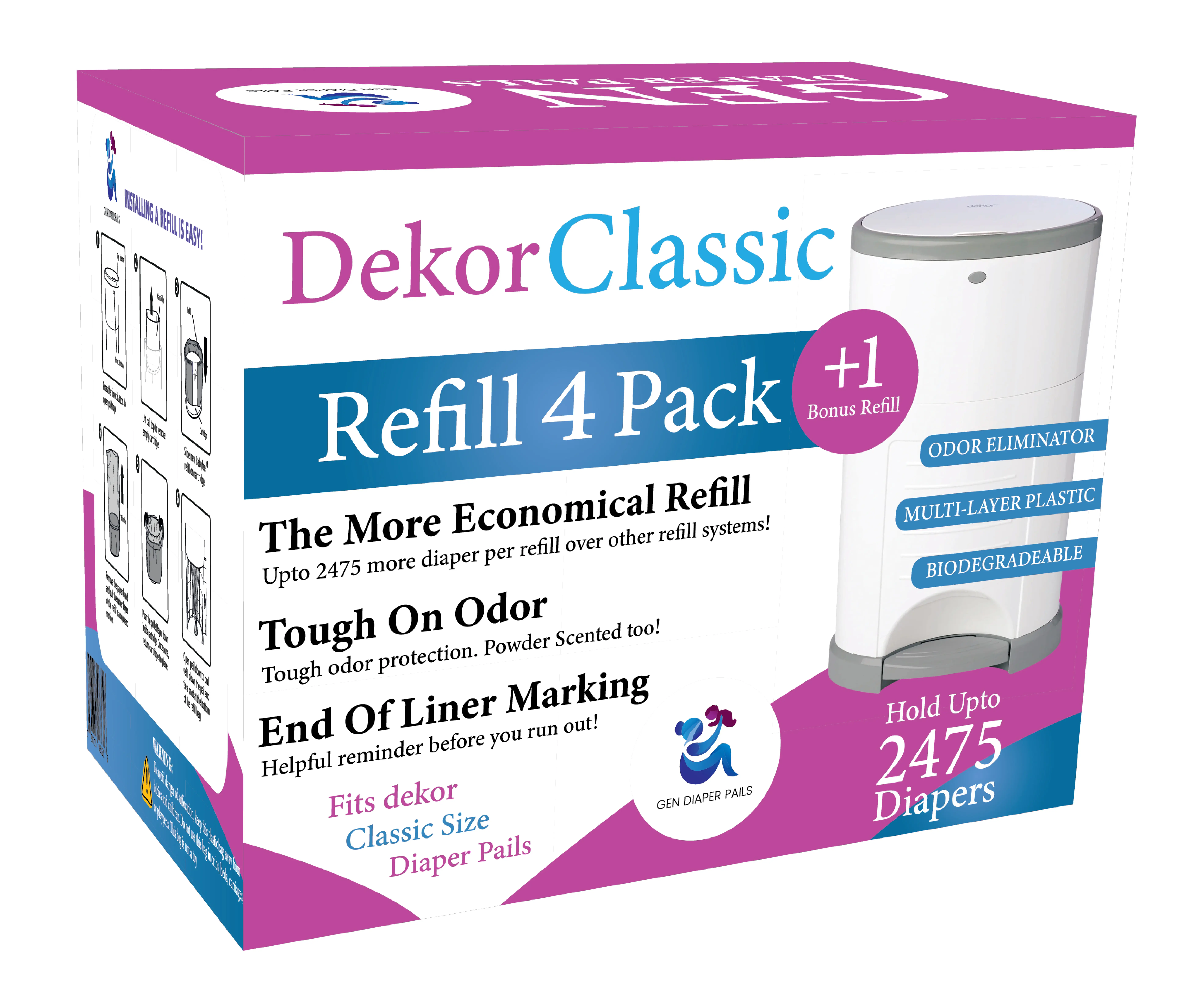 Dekor Classic Refill 4 Pack +1 Bonus Liners Compatible with DEKOR CLASSIC Diaper Pails Exclusive 30% Extra Thickness Odor Elimination Leak-proof Powder Scented