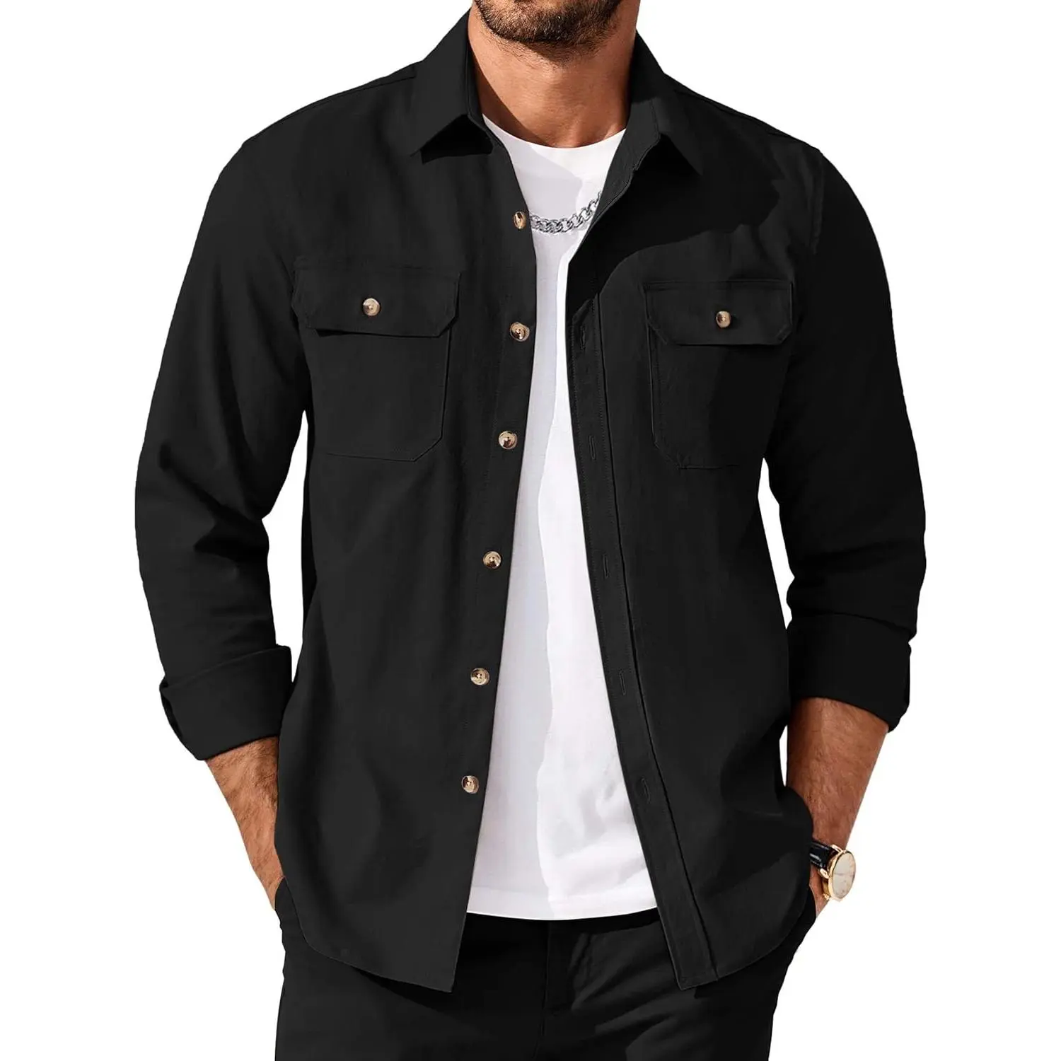 Men's Workwear Shirt Jacket, Casual Solid Long Sleeve Button-Up Overshirt with Flap Pockets, Wrinkle Resistant, Menswear