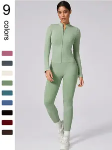 Women's Plain Tracksuit Set, Sports Zip Up Crop Jacket & High Waist Leggings, Ladies Spring & Fall Clothes, Gym Wear, Yoga Suit Outdoor