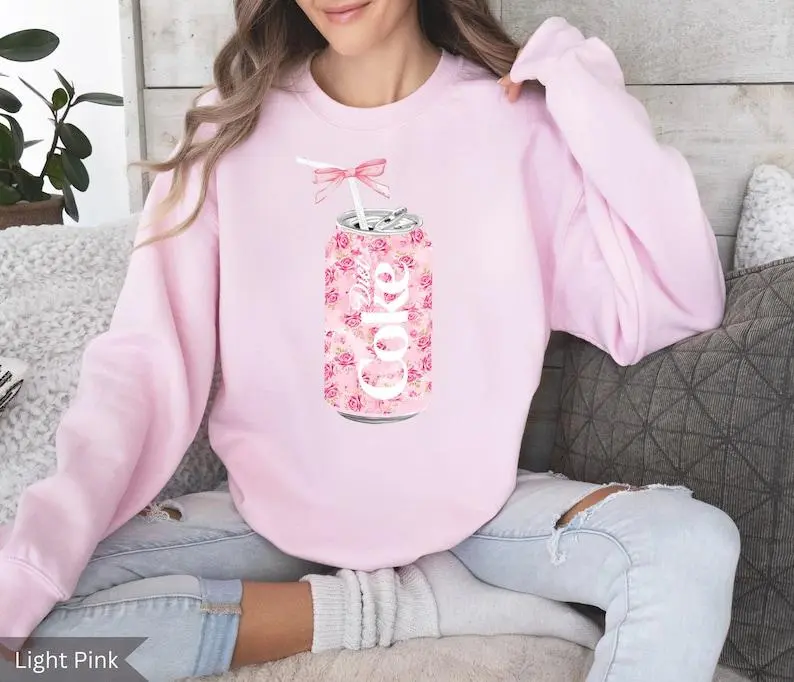 Coquette Diet Coke Sweatshirt Floral Design with Pink Bow, Cute Baby Pink Bow, Trendy Soda Can with Roses, Women's Comfort Wear - Fabric