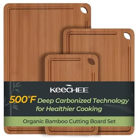 Keechee 3-Piece Dark Carbonized Bamboo Chopping Block Set - 500°F Carbonized Tech, Juice Grooves, 9x6in & 15x10in Sizes, Hanging Hole, Ideal for Cooking Prep & Charcuterie, Elegant Gift Box for Weddings, Durable Kitchenware for Knives