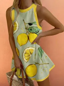 Boho Summer Beach Casual Vacation Comfortable Women's Colorblock Lemon Leaf Pattern Sleeveless Dress, Ladies Brunch