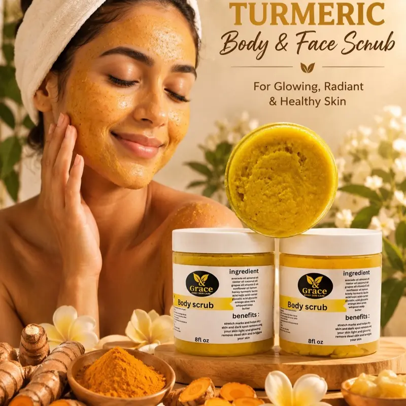Turmeric Face & Body Scrub – Brightening Exfoliator for Dark Spots, Acne Scars & Uneven Skin | Gentle Natural Scrub with Turmeric, Sugar pk of 3