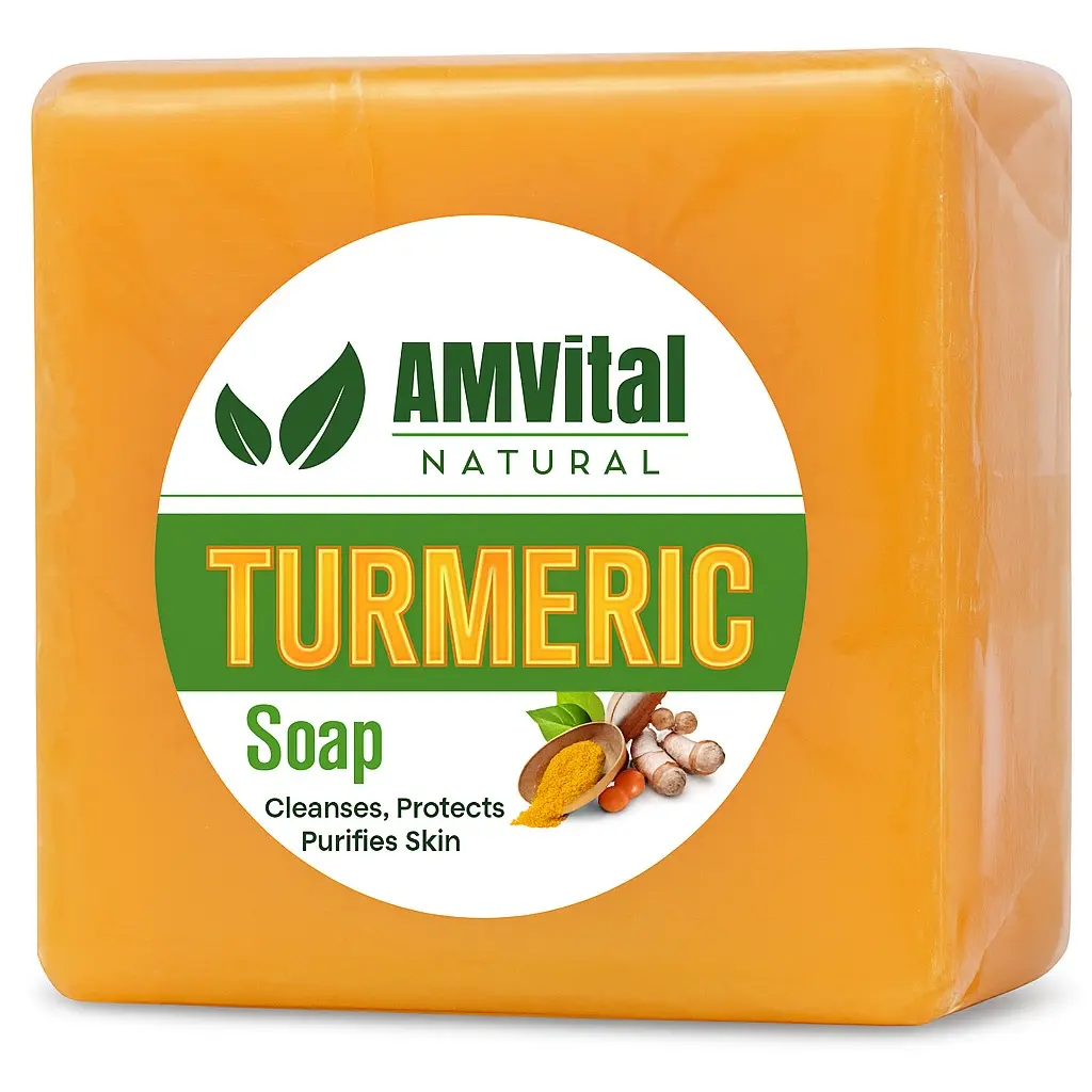 AMVital Turmeric Bar Soap - Shea-Infused, Hyaluronic Acid Vegan Gentle Handmade Hydrating Body Care Daily Cleanser for Sensitive Skin (Discoloration & Repair, Single Item), Retinol