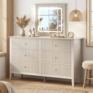 RoyalCraft L Mordern 6 Drawer Dresser, Fluted Nightstand with 3 Drawers, Wood Storage Organizer, Wide Chest of Drawers for Closet, Large Storage Cabinet and TV Stand for Living Room,Bed Room,Hallway, Entryway.