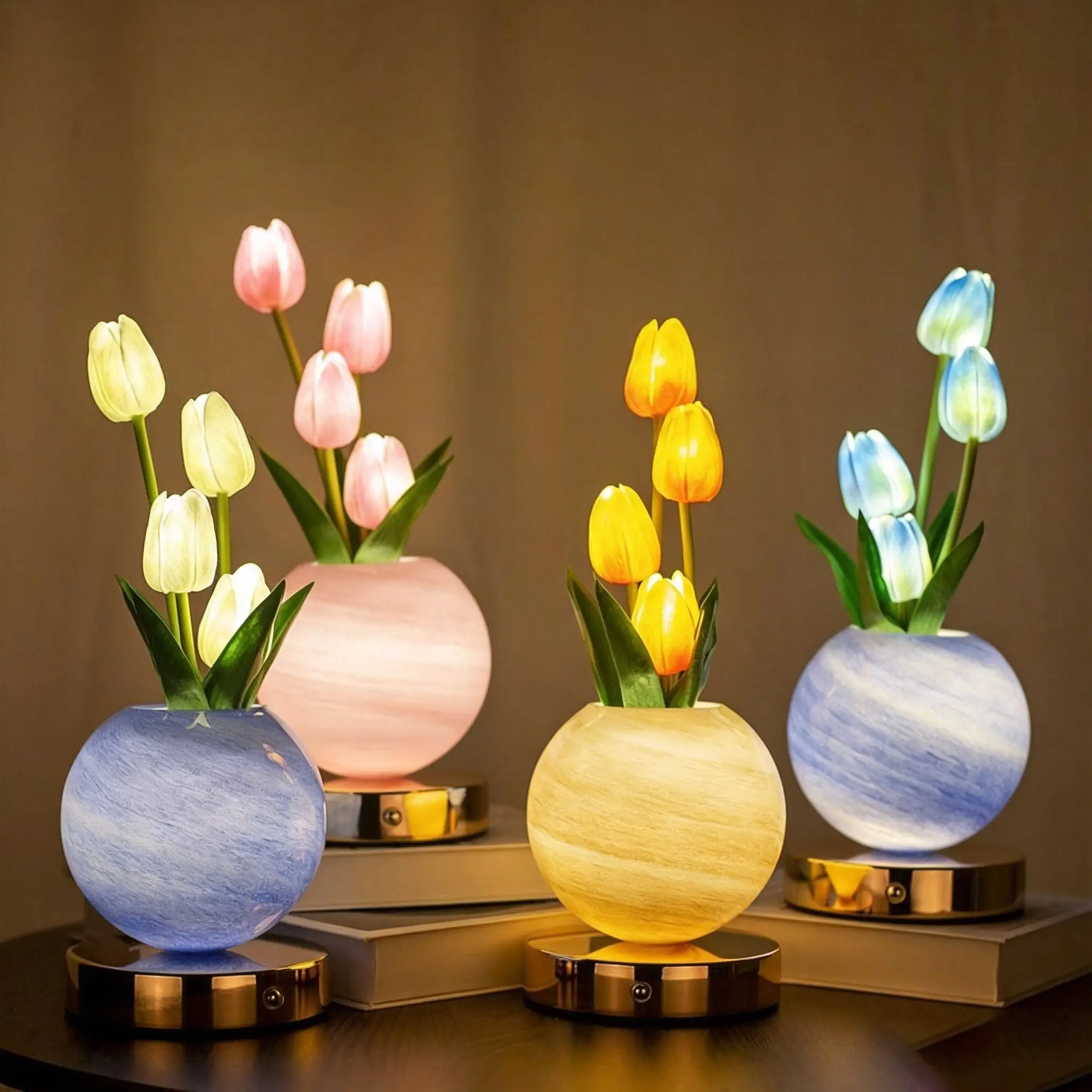 Tulip LED Planet Pot Ornament - Faux Flower Bouquet Table Lamp with Bendable Stem, Cozy Lighting Night Light for Bedroom, Room Decor Lights, Relaxing Gift Bedroom Items for Friends, Home