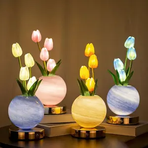 Tulip LED "Planet Pot" Ornament — Tulip Night Light, Bedroom Bedside Mood Lamp, Faux Flower Bouquet Decorative Table Lamp — A Gift for Friends