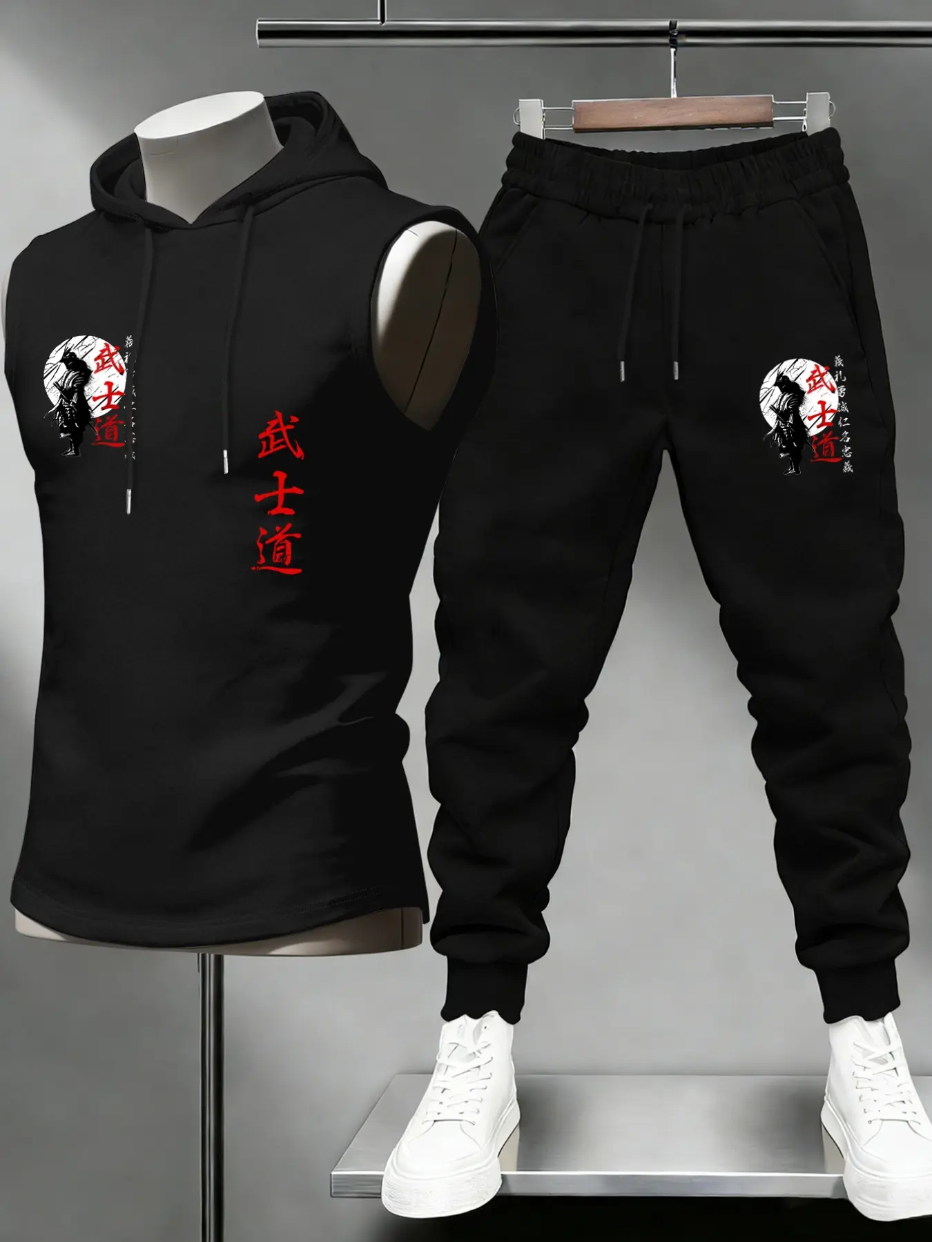 Men's Summer Japanese Samurai Print Casual Sport Two-Piece Set, Casual Sports Style, Casual Tracksuit, Sleeveless Hooded Vest + Drawstring Pants, Casual Sportswear Outfit, Outdoor Daily Wear