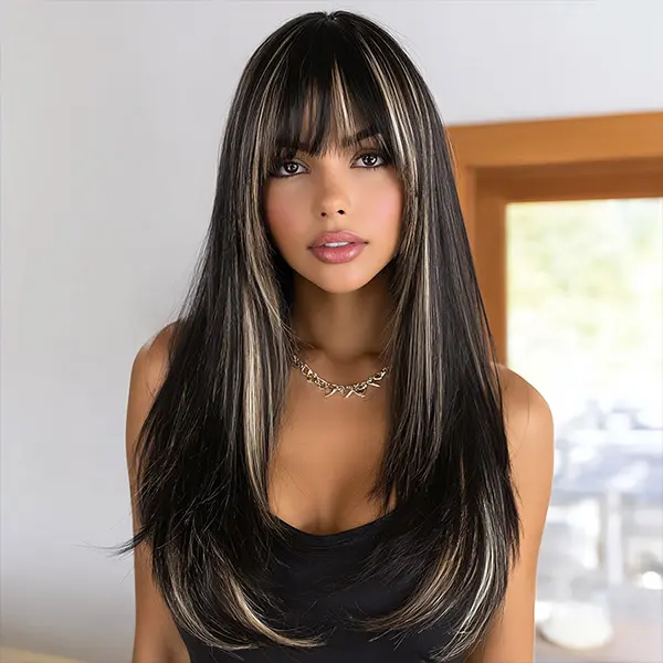 SMILCO/26Inch Highlight Gold with Black Long Straight with Bangs Synthetic Wig/SM527