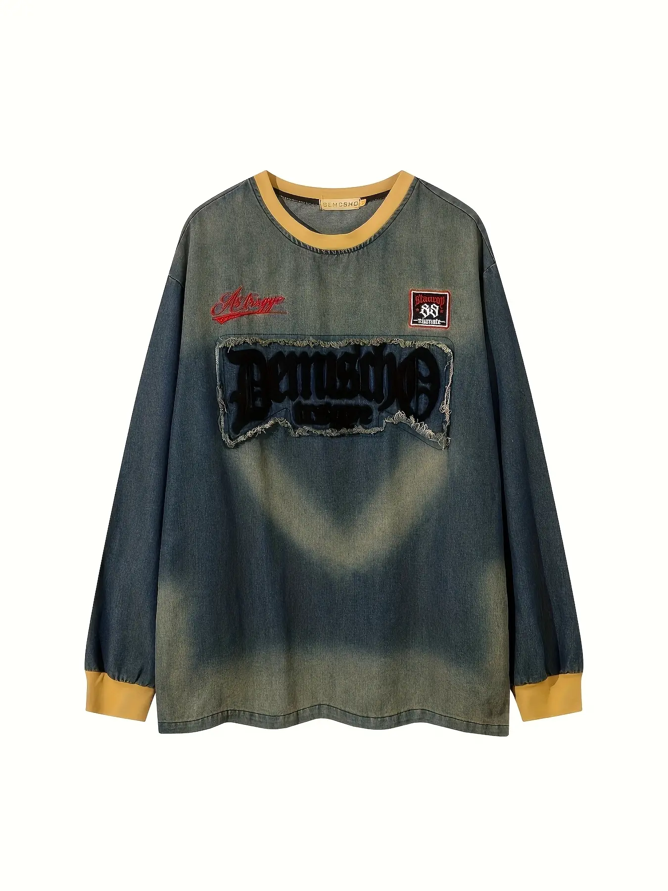 Men's Tie Dye Gradient Letter Patchwork Denim Sweatshirt, Fall Fashion Casual Round Neck Top, Street Style Long Sleeve Pullover, Embroidered Sweatshirts