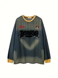 Men's Tie Dye Gradient Letter Patchwork Denim Sweatshirt, Fall Fashion Casual Round Neck Top, Street Style Long Sleeve Pullover, Embroidered Sweatshirts