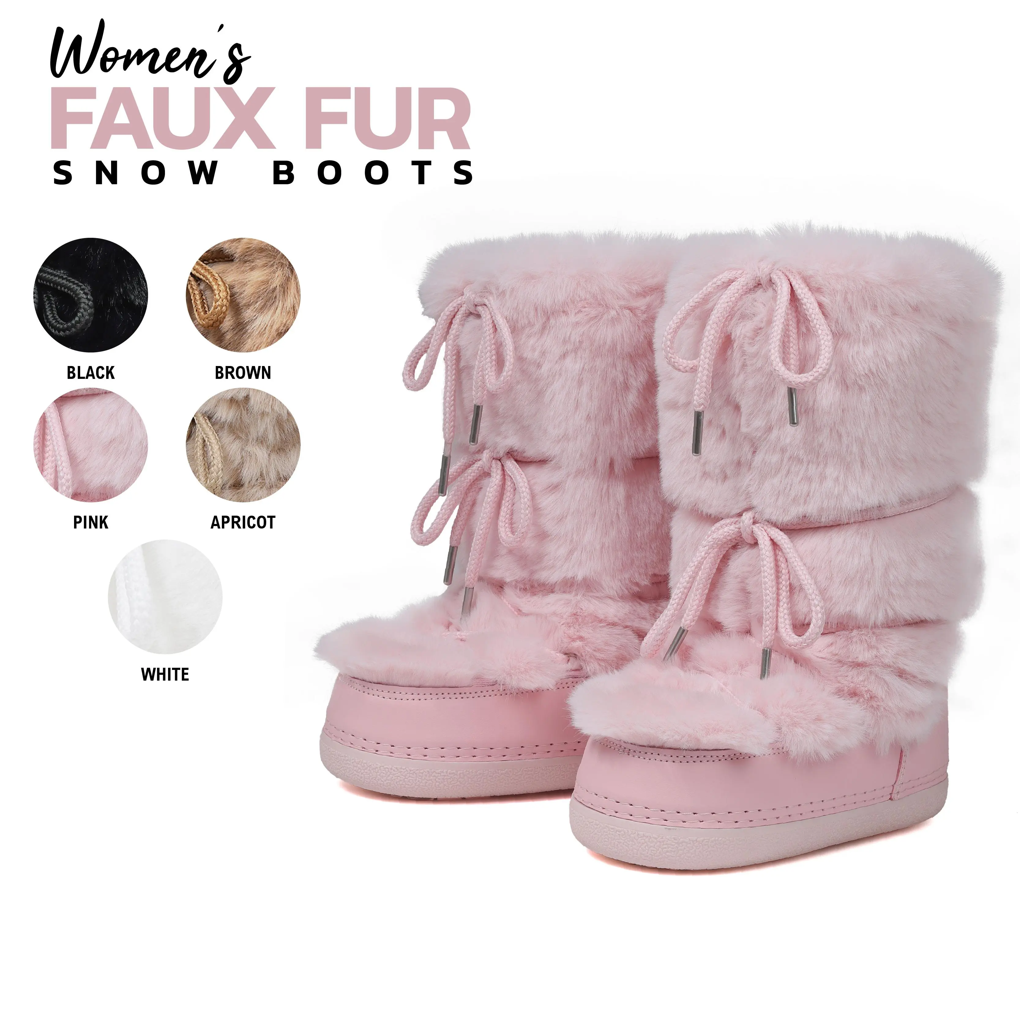 VIMISAOI Womens Faux Fur Boots Mid Calf Round Toe Platform Heel Lace Up Fuzzy Warm Comfortable Trendy Fashion Party Dress Vacation Trendy Fluffy Plush Booties Summerwins