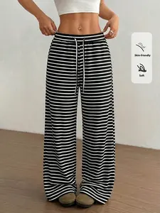 Striped Wide-Leg Pants, Adjustable Waist Trousers: Soft Waffle Fabric, Elastic Waist & Drawstring Adjustable, Oversized, Comfy & for Lazy Days or Casual Outfits, Black-White Style, Womenswear Bottom #LoungewearPants #OversizedFit #ComfyChic #TikTokFashion