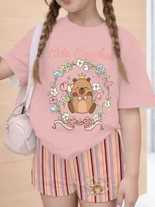 Summer Kids Girl Capybara Theme Casual Set, Short Sleeve Striped Shorts Print Design, Cute Daily Outfit, Floral Print Set