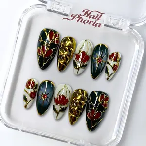 NailPhoria GILDED MOSAIC - Handmade Press-On Nails | Reusable, Salon-Quality, Long-Lasting, Glossy Design