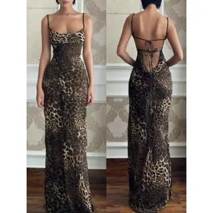 Women's Leopard Print Backless Draped Halter Mermaid Dress, Elegant Backless Dress, Sexy Fashion Sleeveless Tie Back Maxi Dress for Party Club Dating Wear, Women Dress for Summer