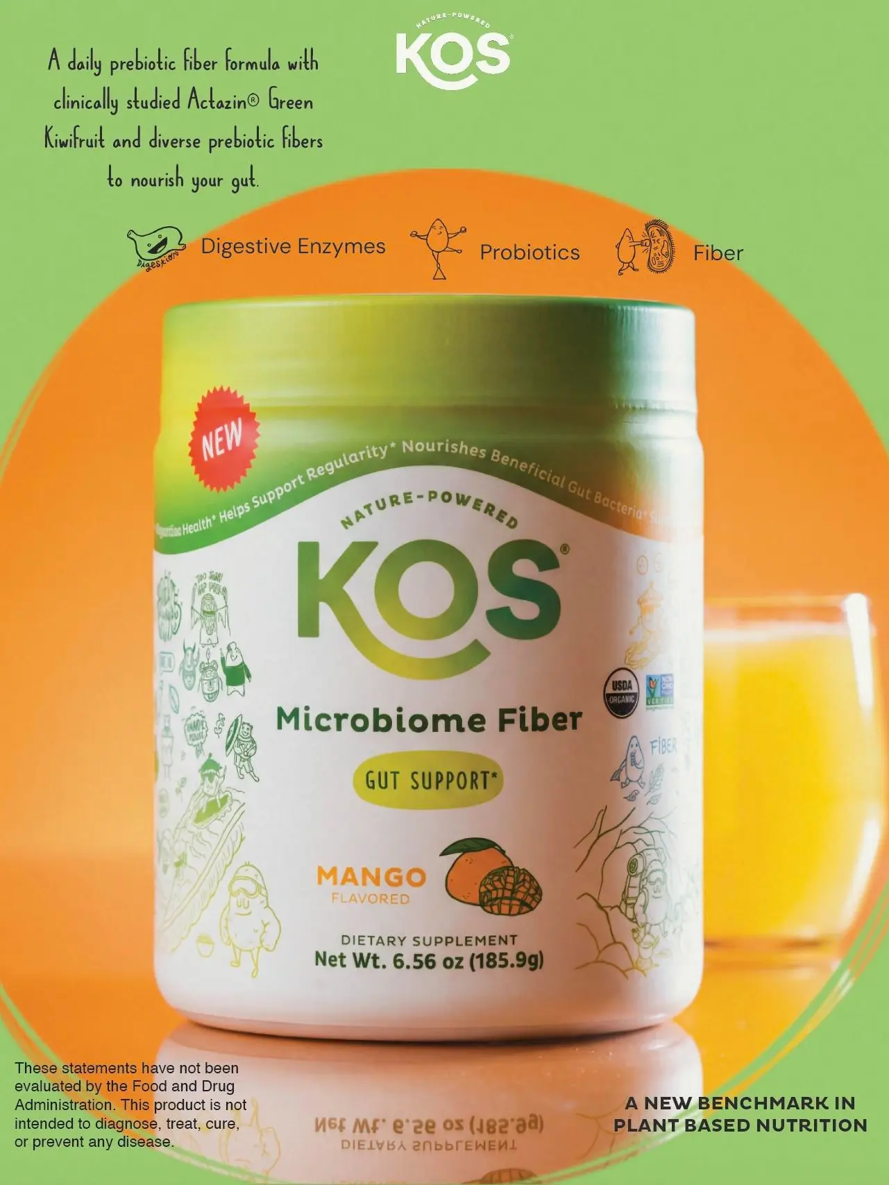 KOS Organic Microbiome Fiber--Gut Support & Bowel Regularity & 8g of prebiotic fiber per serving, Mango Flavored