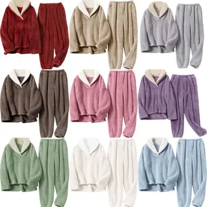 Women's Fleece Pajamas Sets Fluffy Sleepwear Warm Sherpa Pullover Pants with Pockets