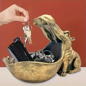[Hippo Key Bowl Statue] Golden Finish Large Mouth Hippo Resin Statue with Key Bowl | Stylish Desktop Art Decor, Multifunctional Storage Sculpture for Keys and Accessories, Indoor Ornament, Hippo Gift for Christmas, Halloween Decorations, Fa