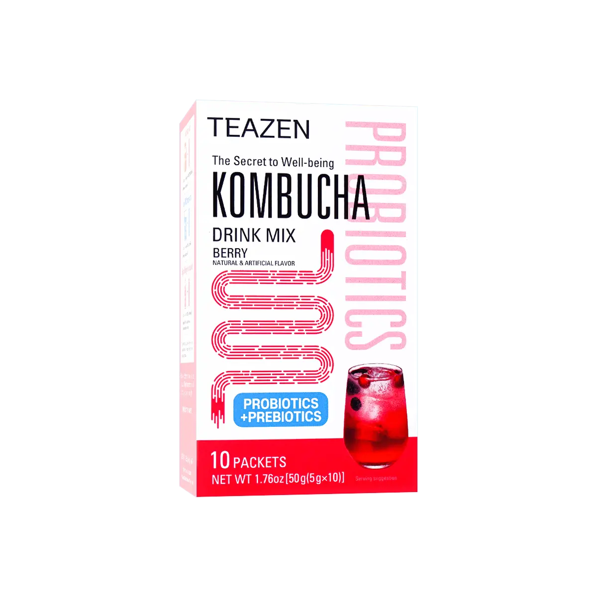 Teazen Kombucha Berry Flavor 10 Sachets 0.17oz Each - Korean 0 Sugar Probiotic Tea, Prebiotics, 15kcal