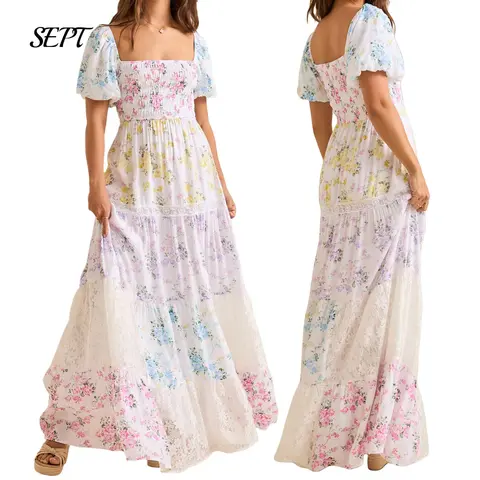 Women Summer Beautiful Colorful Floral Print  A-line Dress Casual Ruffled Hem Short Sleeve Party Dress For Cocktail Streetwear Elegant Womenswear