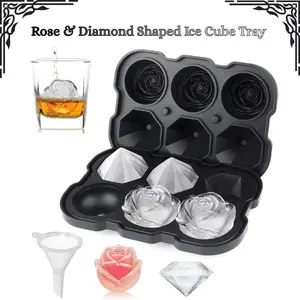 Rose and Diamond Shaped Dustproof Silicone Ice Cube Tray with Glossy Lid, Easy-Release Ice Molds, Home Bar Accessories, Kitchen Utensil for Summer Drinks and Gifting