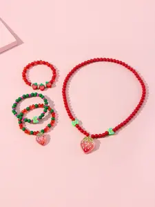 4pcs/set Multicolor Acrylic Strawberry Pendant Soft Clay Beaded Elastic Necklace Bracelet Set for Girls School Birthday Party Gift Accessory