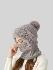 Women's Solid Color Pom Pom Decor Beanie Hat, Casual Warm Thickened Knit Hat for Fall & Winter, Fashion Accessories for Women & Girls, Balaclava Hats