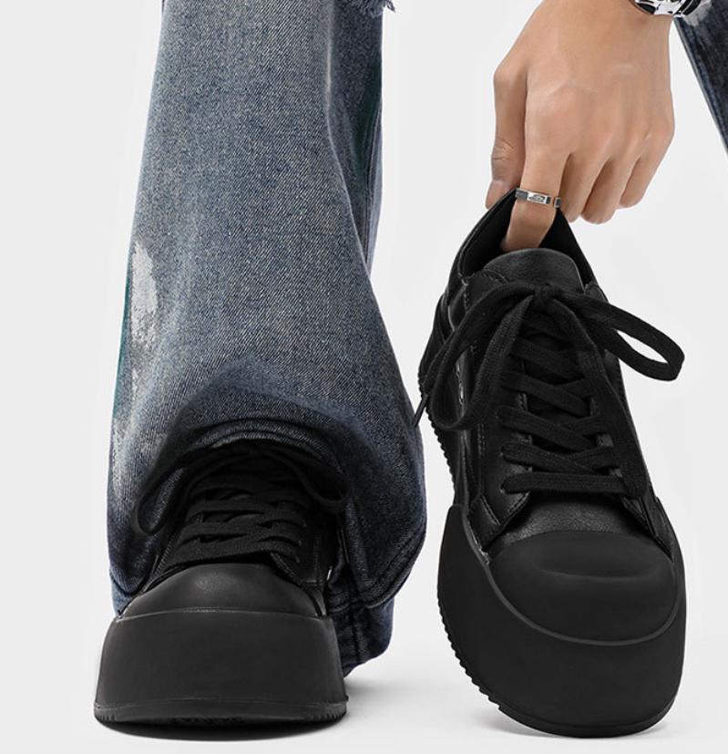 Men's Cleanfit Platform Sneakers All Black Leather-Like Simple Slim Leg Stylish