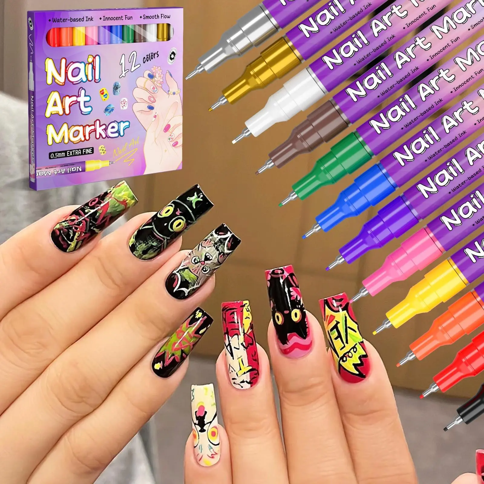12pcs Large Capacity Acrylic Nail Art Markers, 12 Colors Fast Dry Tips, DIY Manicure Tools, Professional Nail Art Supplies