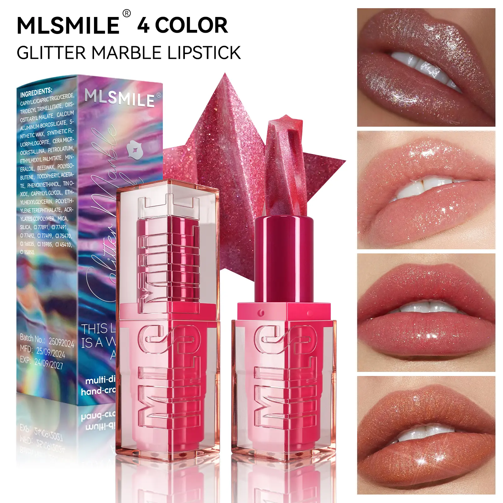 Fine glitter spiral pentagram marble lipstick Moisturizing pearlescent easy color lasting lipstick