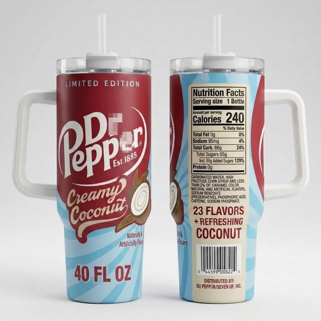 Pepper Creamy Coconut Tumbler 40oz With Handle And Straw, Limited Edition Soda Can Graphic Travel Cup, 23 Flavors Nutrition Facts Insulated Mug, Stainless Steel Ice Coffee Cup, Cute Summer Gifts For Soda Lovers