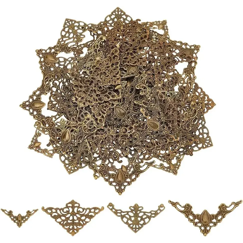 100pcs Book Corners 4 Styles Corner Protector Hollow Triangle Wrap Connector Metal Book Corners Tibetan Pendent Metal Album Resin Filler Filigree Corner Embellishments for Jewelry Making