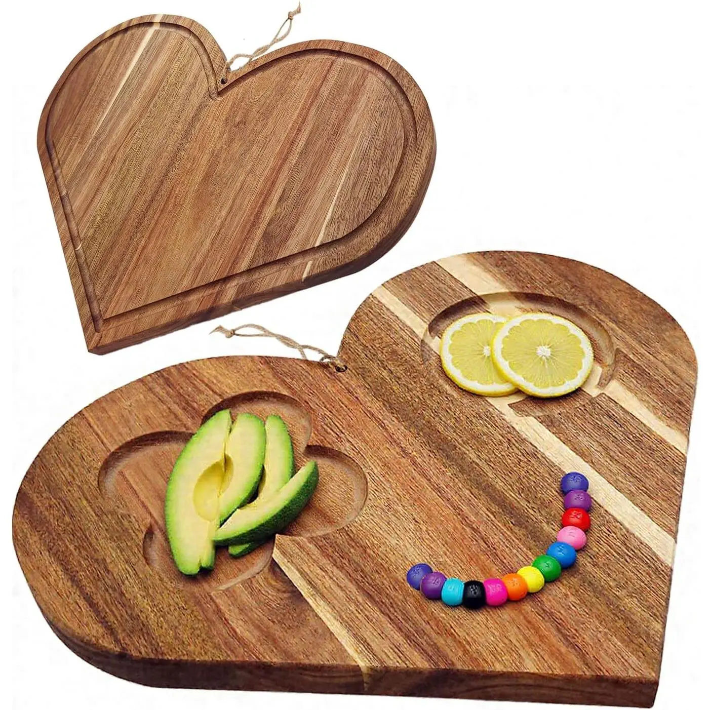 Double-Sided Acacia  Heart  Board & Serving Tray Set - XO Charcuterie Serving Tray & Cheese Platter for Wife/Mom,Charcuterie Platter with Juice Groove 14"x12"x0.8"
