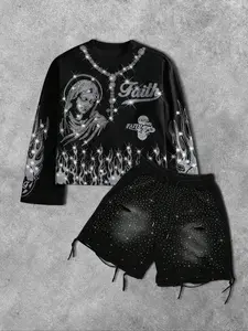 Men's two-piece set: long-sleeved printed T-shirt and shorts. Gothic street style, edgy rock vibe, adorned with sparkling flame-patterned rhinestones and distressed details. This casual streetwear set is suitable for all seasons.
