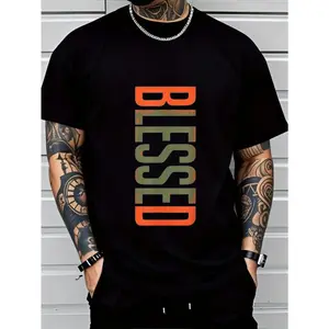 Classic Comfort  Men's Tee Men's  BLESSED 3D Printed T-Shirt - Bold Geometric Lettering, Breathable , Machine Washable Casual ShortFashion