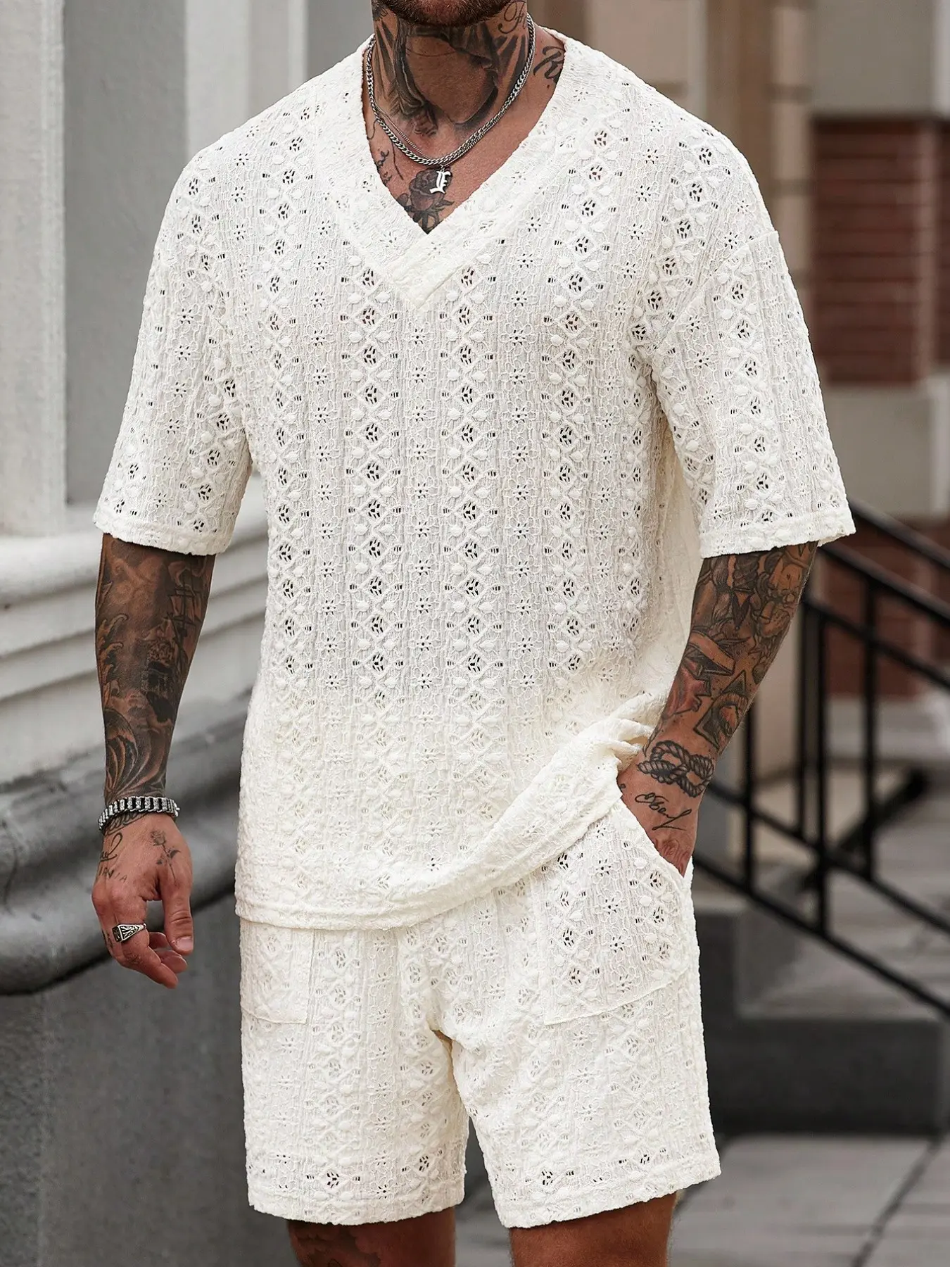 Men's Knitted Texture T-Shirt Set, V-Neck Short Sleeve Breathable Tee, Summer Two-Piece Set Outfit, Men's Fashion Clothing