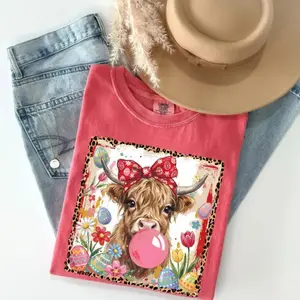 Comfort Color Easter Highland Cow Tshirt, Bubblegum Cow Easter T-shirt Cute Floral Spring Cow T-shirt Colorful Easter Highland Cow Shirt