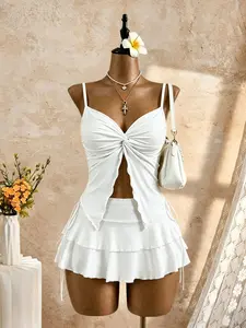 Vacation Essential: Knot Front Halter Top & Ruffle Midi Skirt Set, Millennial Layered Mini Dress + Cutout Top, Cute Summer Club Chic