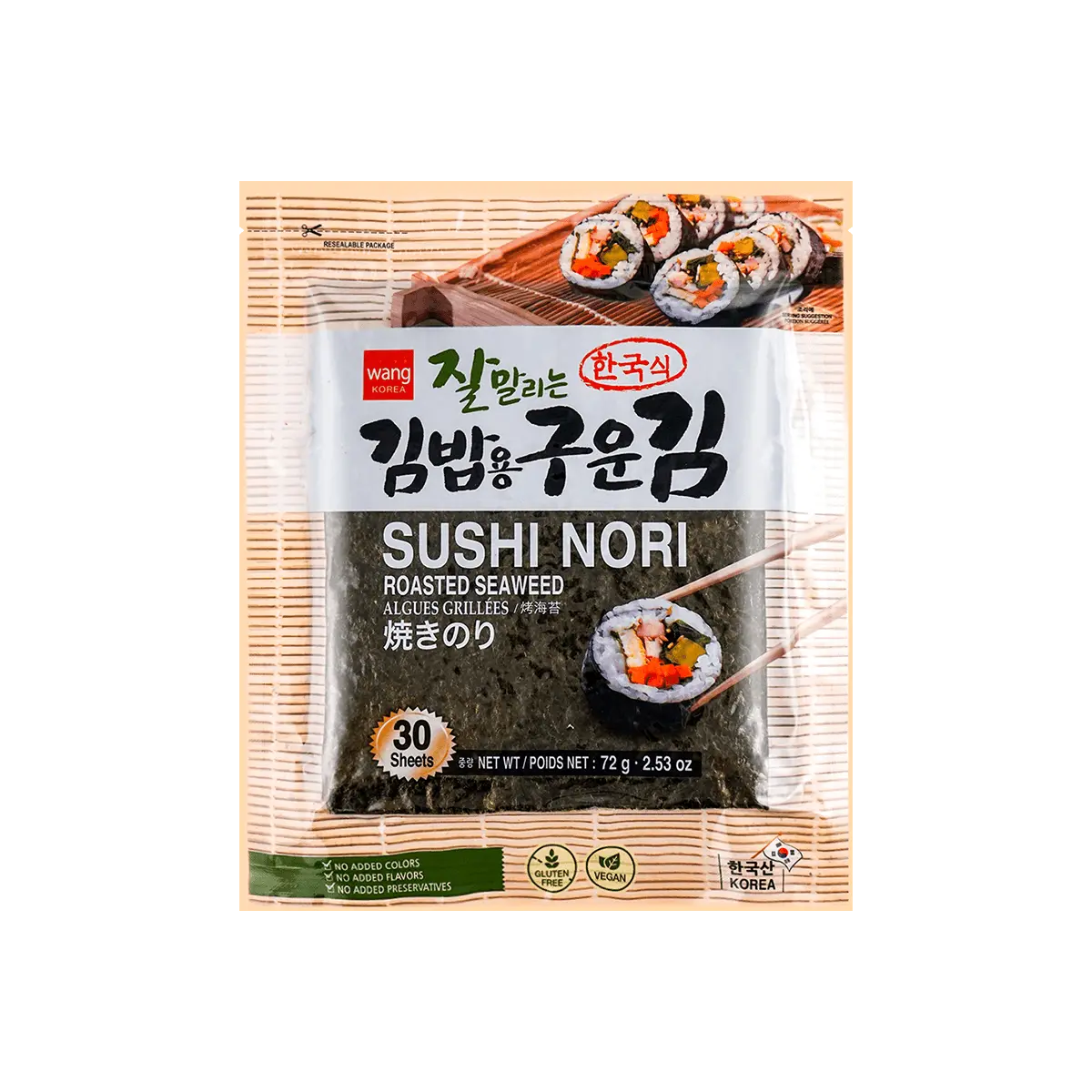 WANG FOOD Korean Sushi Nori Seaweed Sheets - 30 Pieces, 72g - Perfect for Sushi Rolls & Hand Rolls