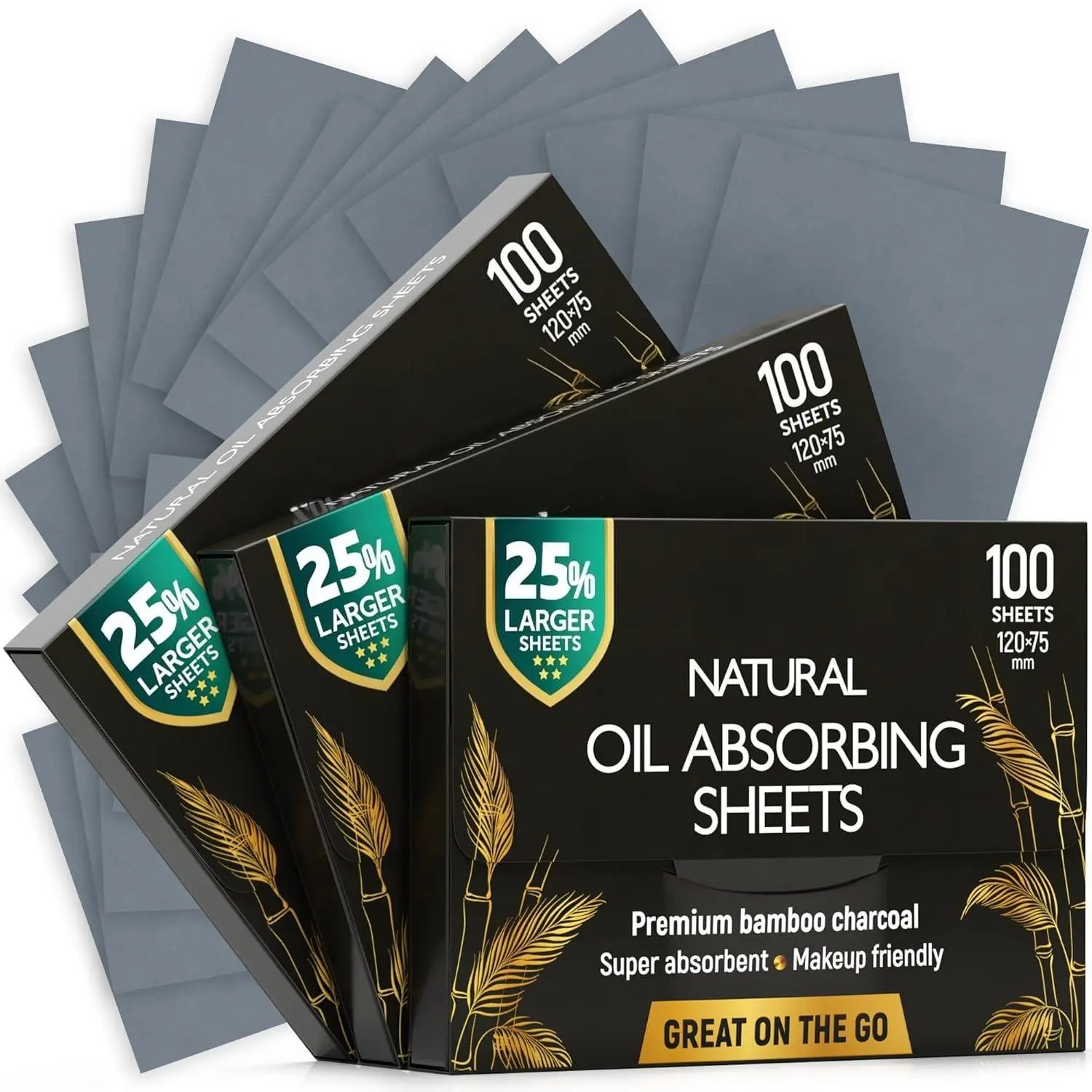 Bamboo Charcoal Natural Oil Blotting Sheets for Face - Facial Makeup Tool for Oily Skin, 25% Larger, 100 Count (Pack of 3), Durable Compact Purse-Sized, Makeup-Friendly Easy-Dispensing Papers