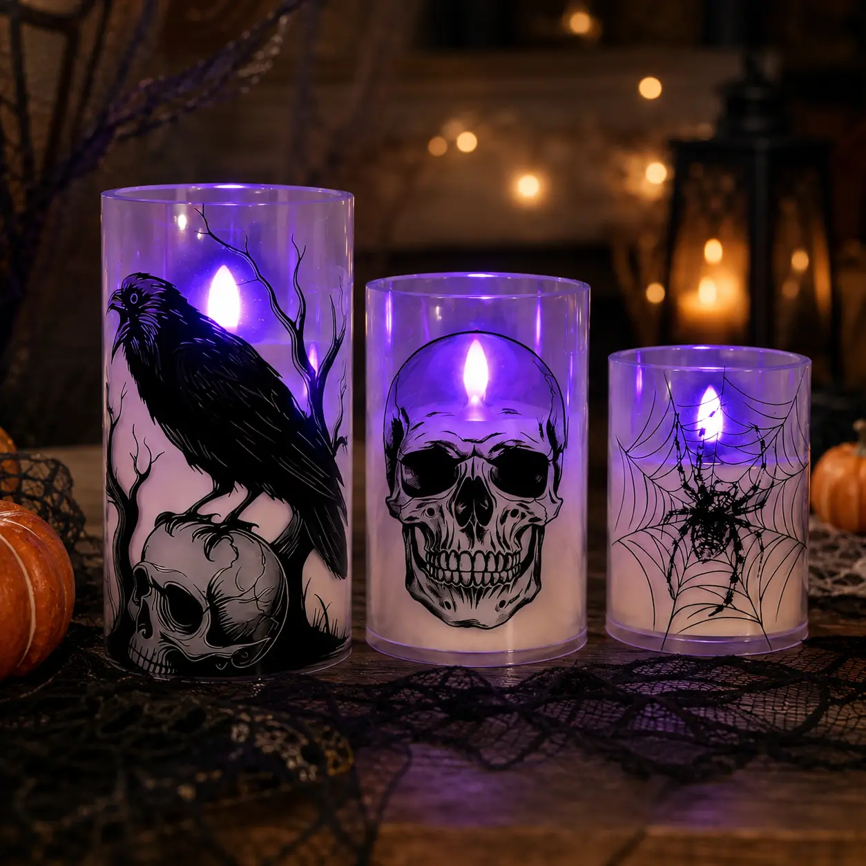 3-Pack Gothic Spooky Traditional Flameless LED Candles Set, Purple Flickering Light, Skull-Crow-Spider Web Glass-Like Plastic Lights, Battery-Operated Indoor Table Decoration for Party, Mantel