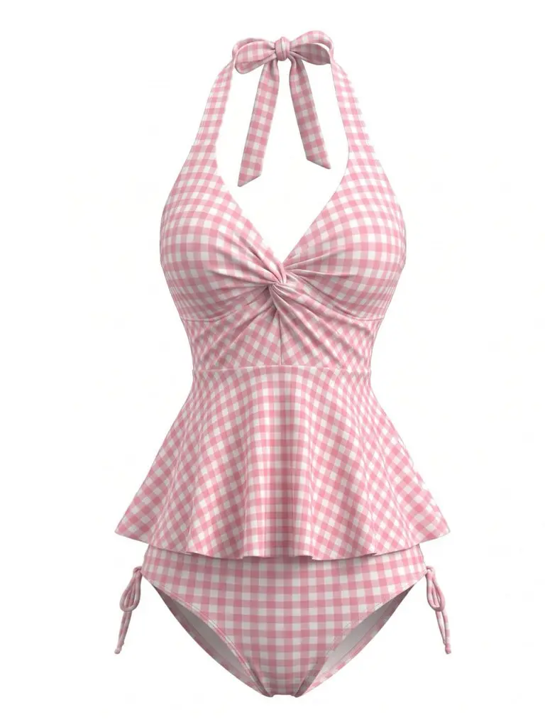 Pink 1950s Gingham Halter Ruffled Tankini Set BackToSchool